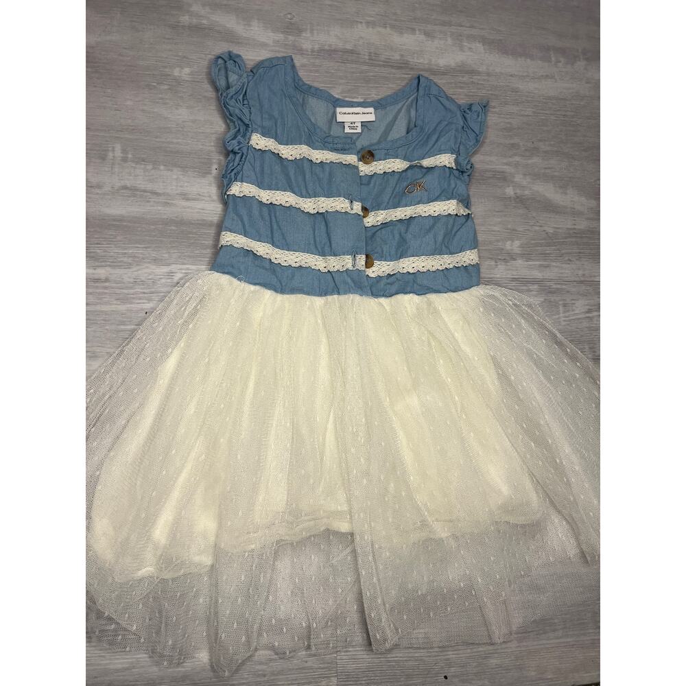 Calvin Klein denim dress 4T button up tulle skirt with ruffle sleeves